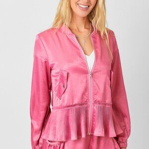MYSTREE Pink Satin Pleated Zip-Up Jacket, Luxe Silky Bomber Style Top, Peplum